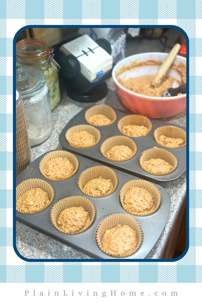 fill muffin tins just over halfway with banana muffin batter