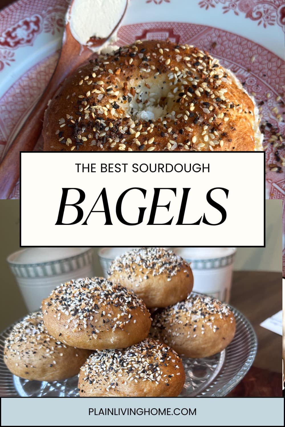 sourdough bagels with everything seasoning, served on a cake platter
