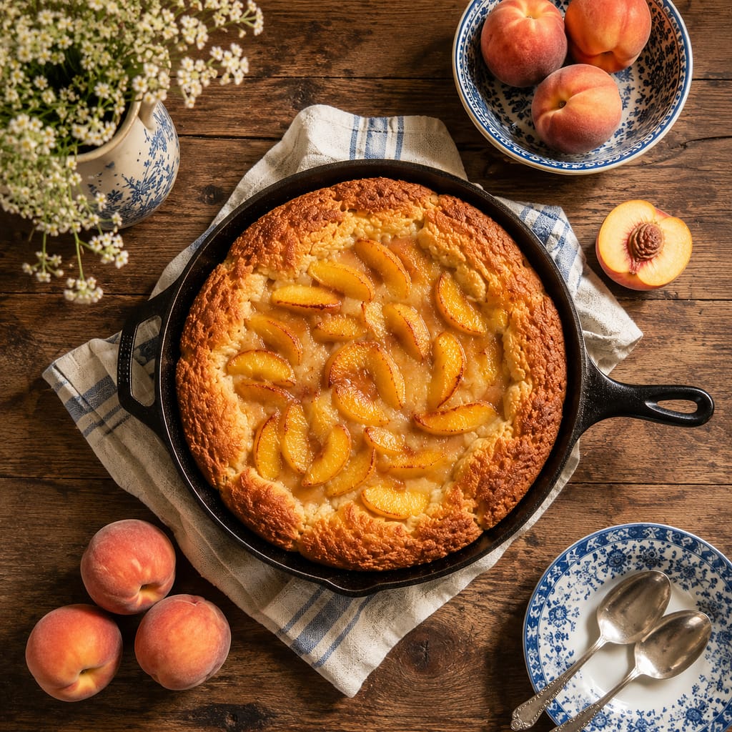 sourdough peach cobbler baked in a skillet