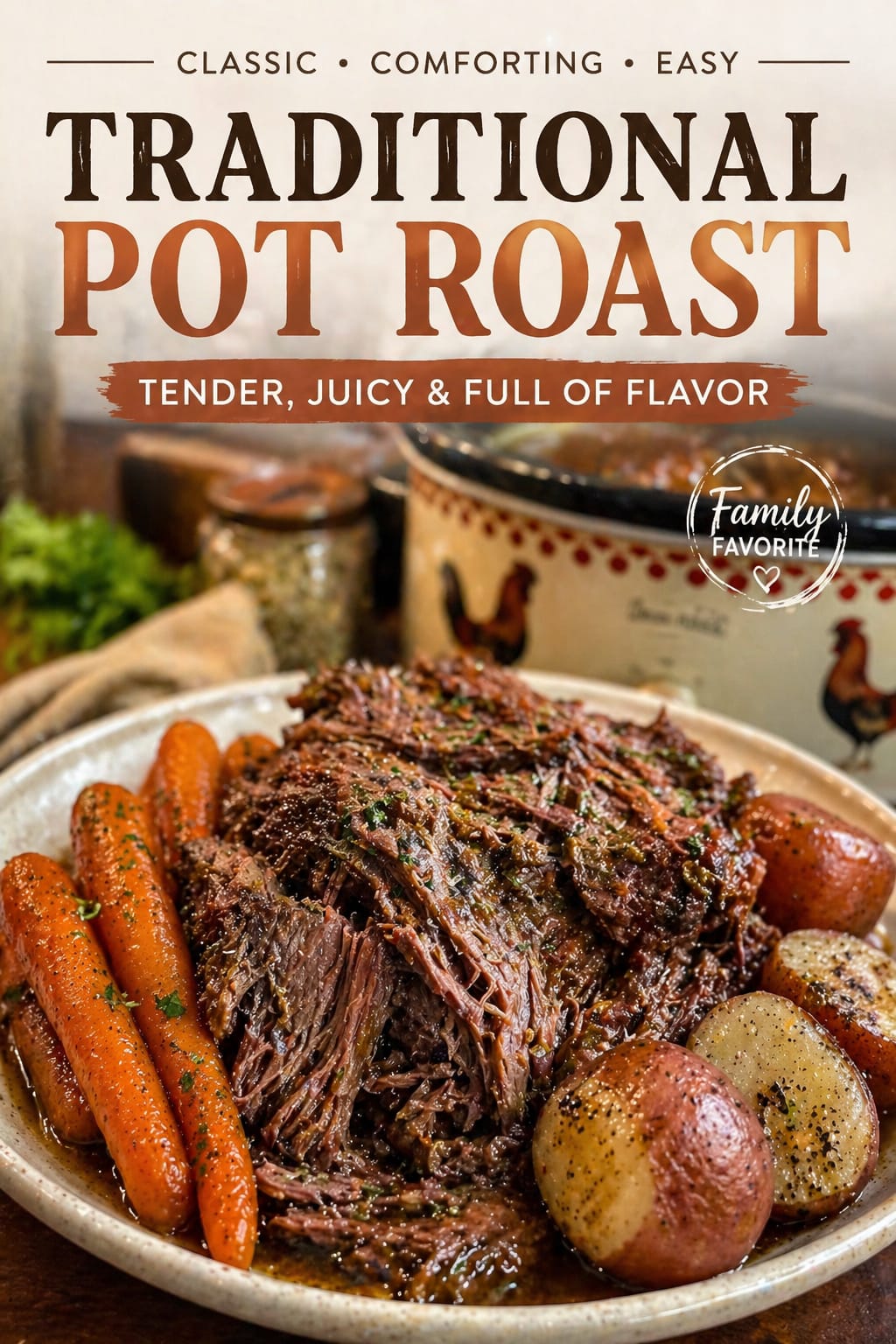 a tender, juicy pot roast, served on a platter with roasted carrots and potatoes