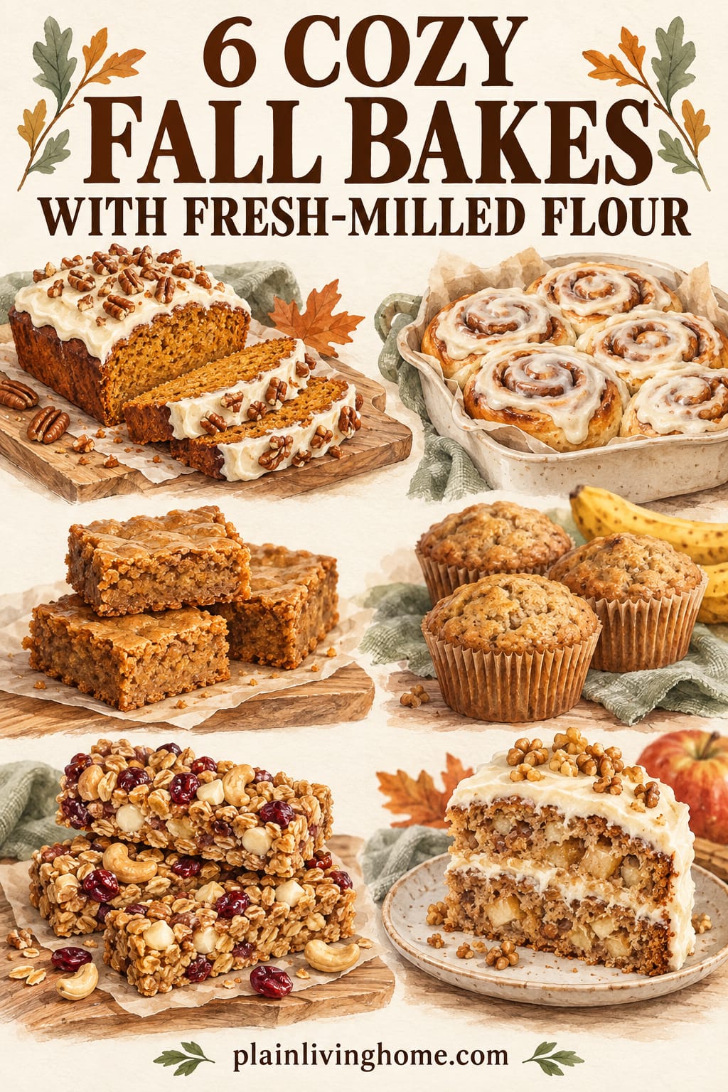 fresh milled flour fall recipes round up with banana bread, cinnamon rolls, blondies, walnut cake