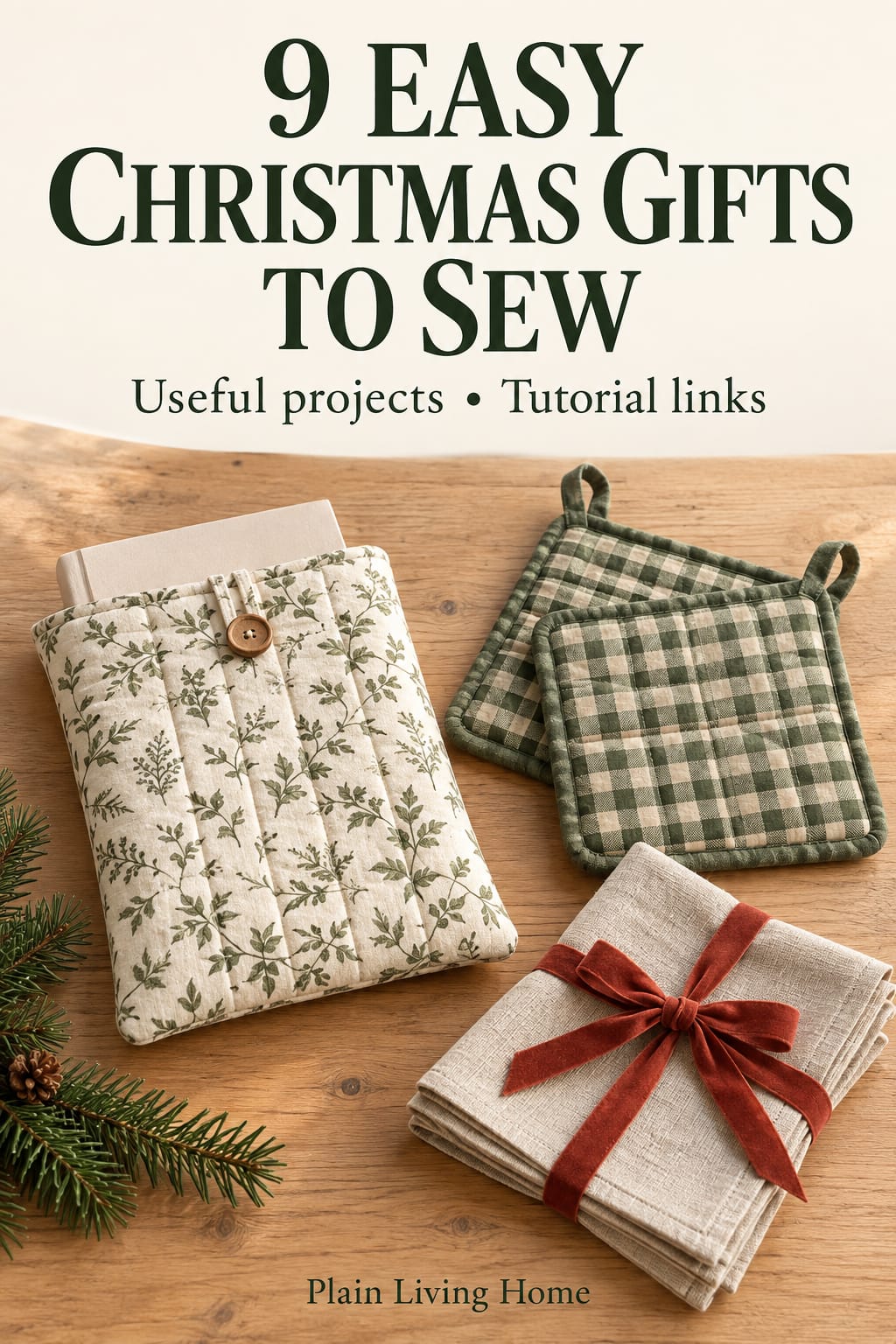 Illustrated quilted book sleeve, gingham hot pads, and ribbon-tied cloth napkins beneath a Christmas sewing headline.