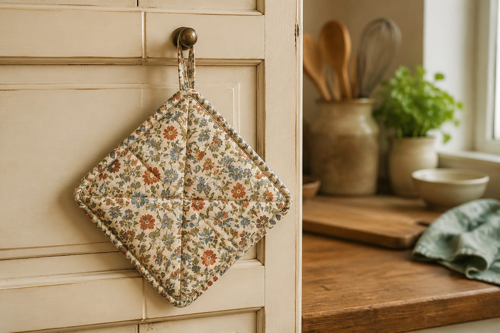 Floral cotton hot pad hanging by its fabric loop in a farmhouse kitchen
