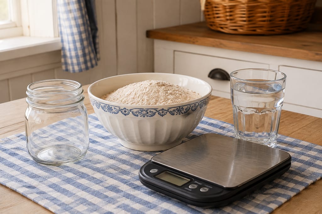 Flour water glass jar and kitchen scale for making sourdough starter