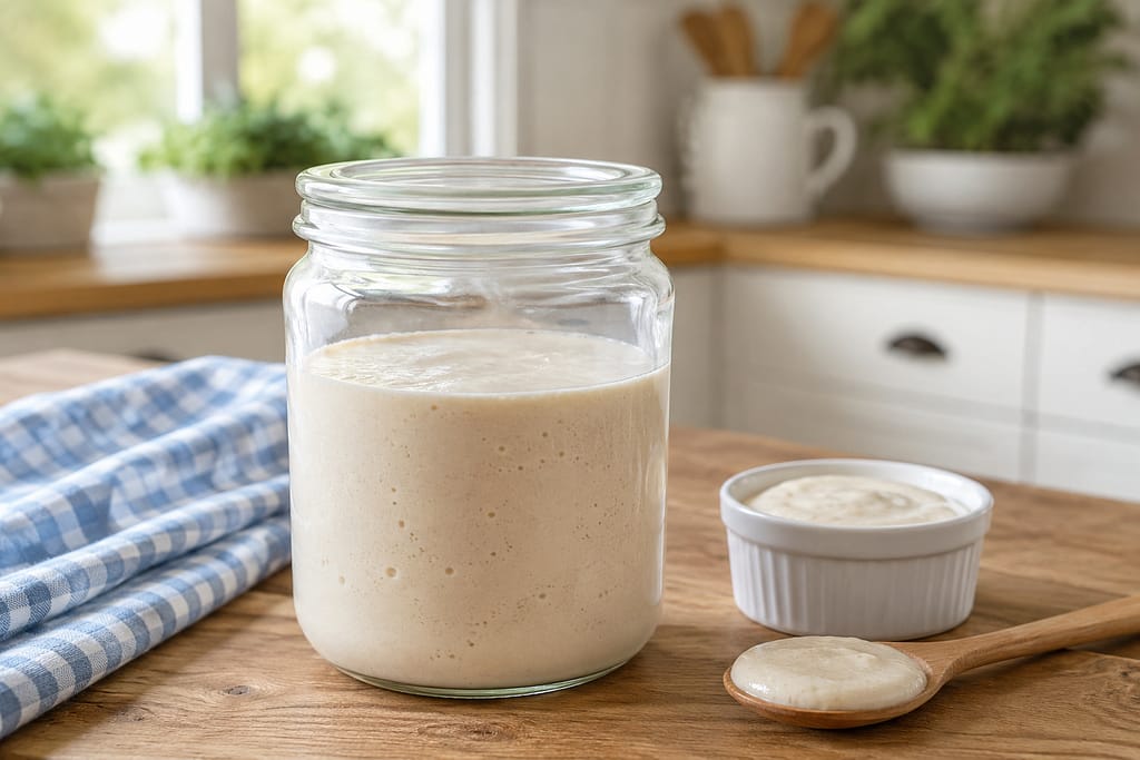 Sourdough discard stored in a covered glass jar