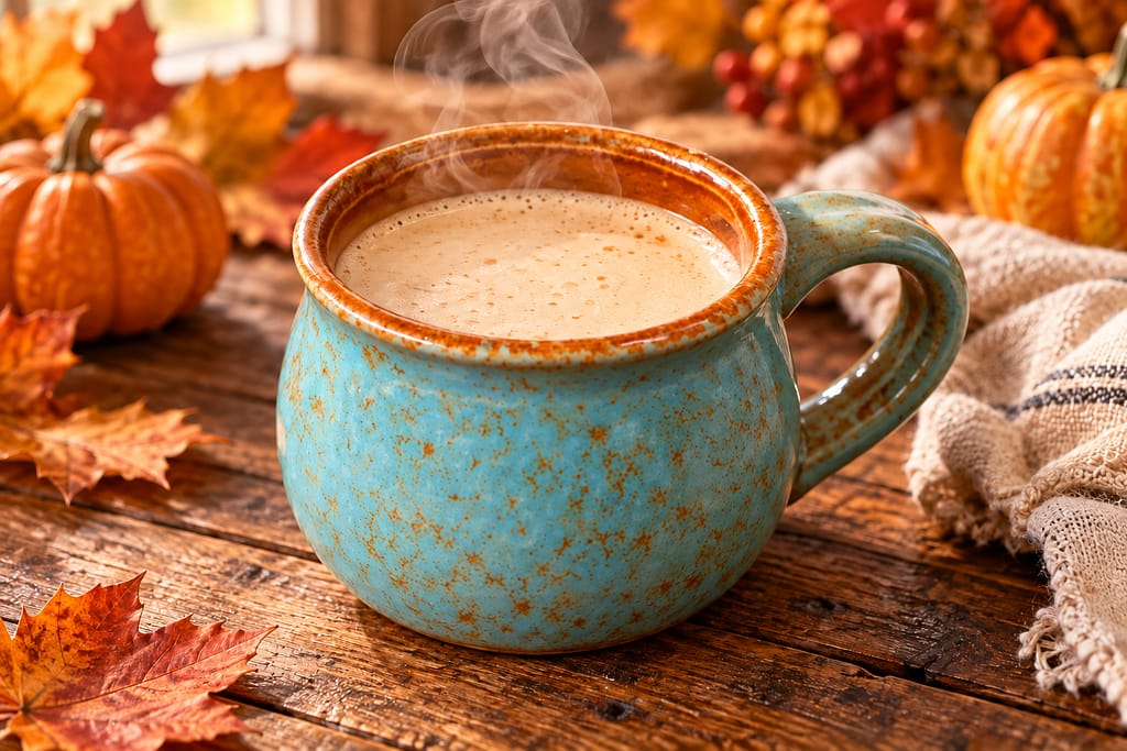 Frothy white hot chocolate in a blue pottery mug surrounded by pumpkins and autumn leaves