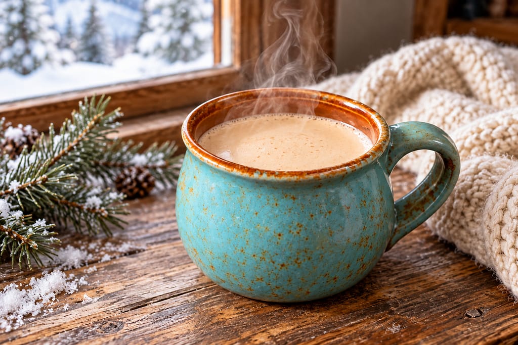 Steaming white hot chocolate in a blue pottery mug beside a snowy window