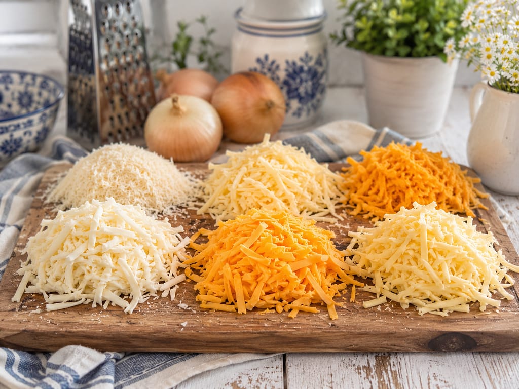 a variety of cheeses, freshly grated by hand, piled on a wood cutting board
