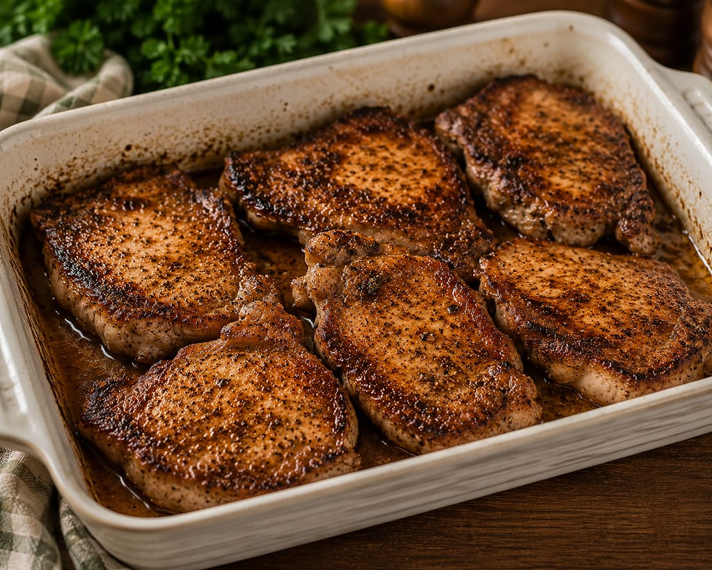 seared pork chops ready for gravy