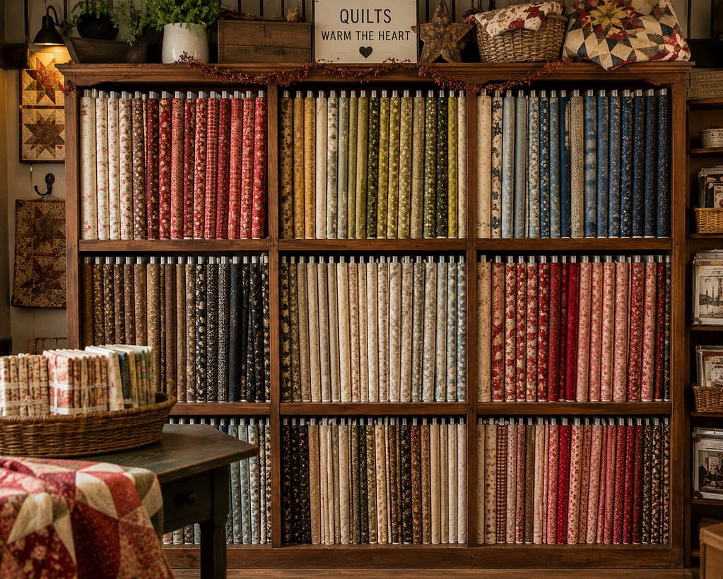 bolts of fabric lined on shelves in a quilting store