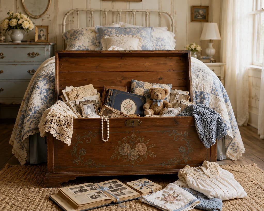 a hope chest, with all of it's handmade contents displayed 