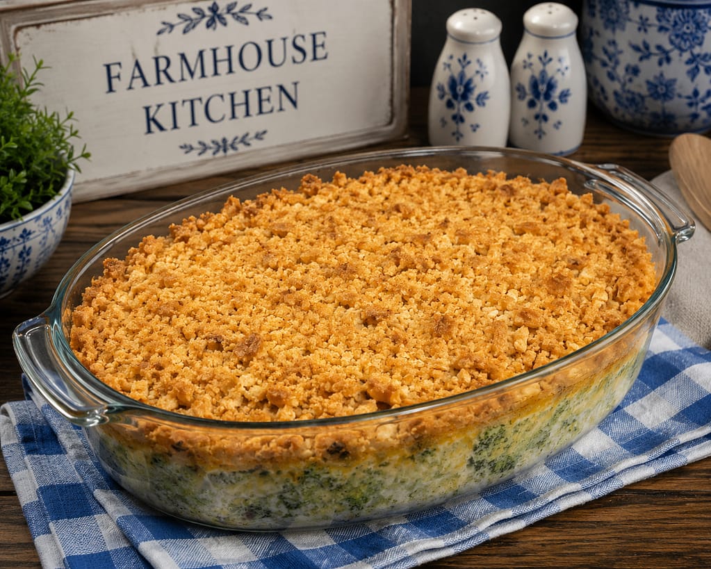 chicken and broccoli casserole topped with the golden butter crumb topping