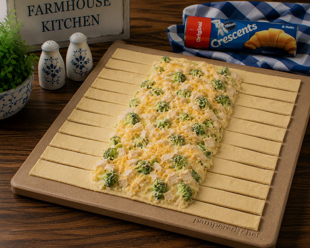 chicken and broccoli filling spread down the center of crescent roll dough, with dough cut into strips on either side on the filling
