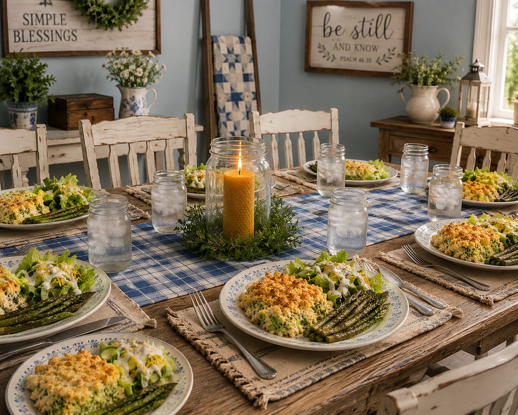 supper served for a family on a dining room table with casserole, salad, and asparagus
