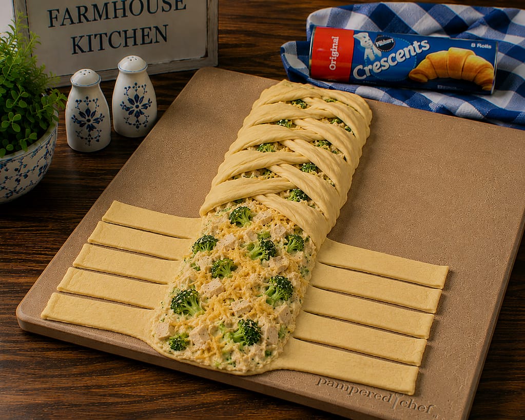chicken broccoli braid with half of the dough strips pulled over the filling and twisted to look like a braid