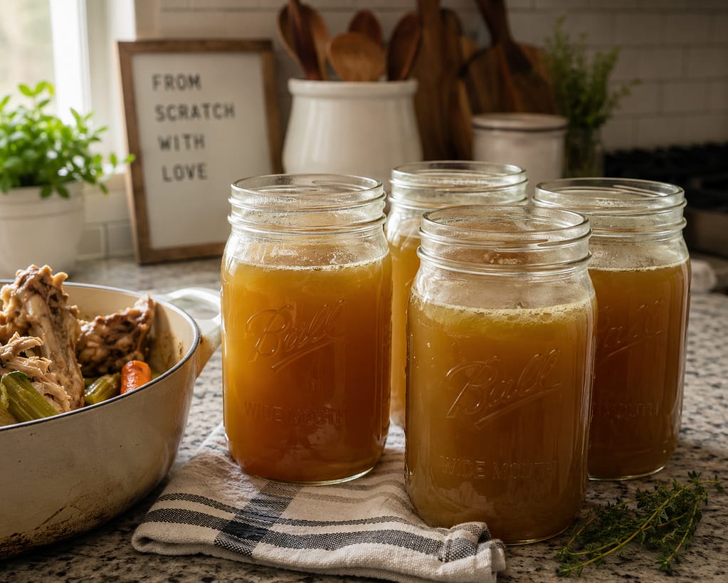 4 jars of homemade chicken broth cooling on the kitchen counter