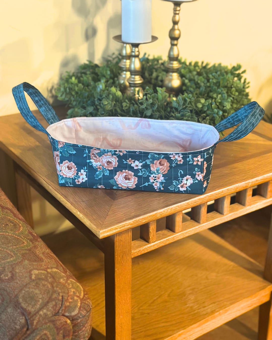 Learn to sew a quilted fabric basket with handles with this free sewing pattern