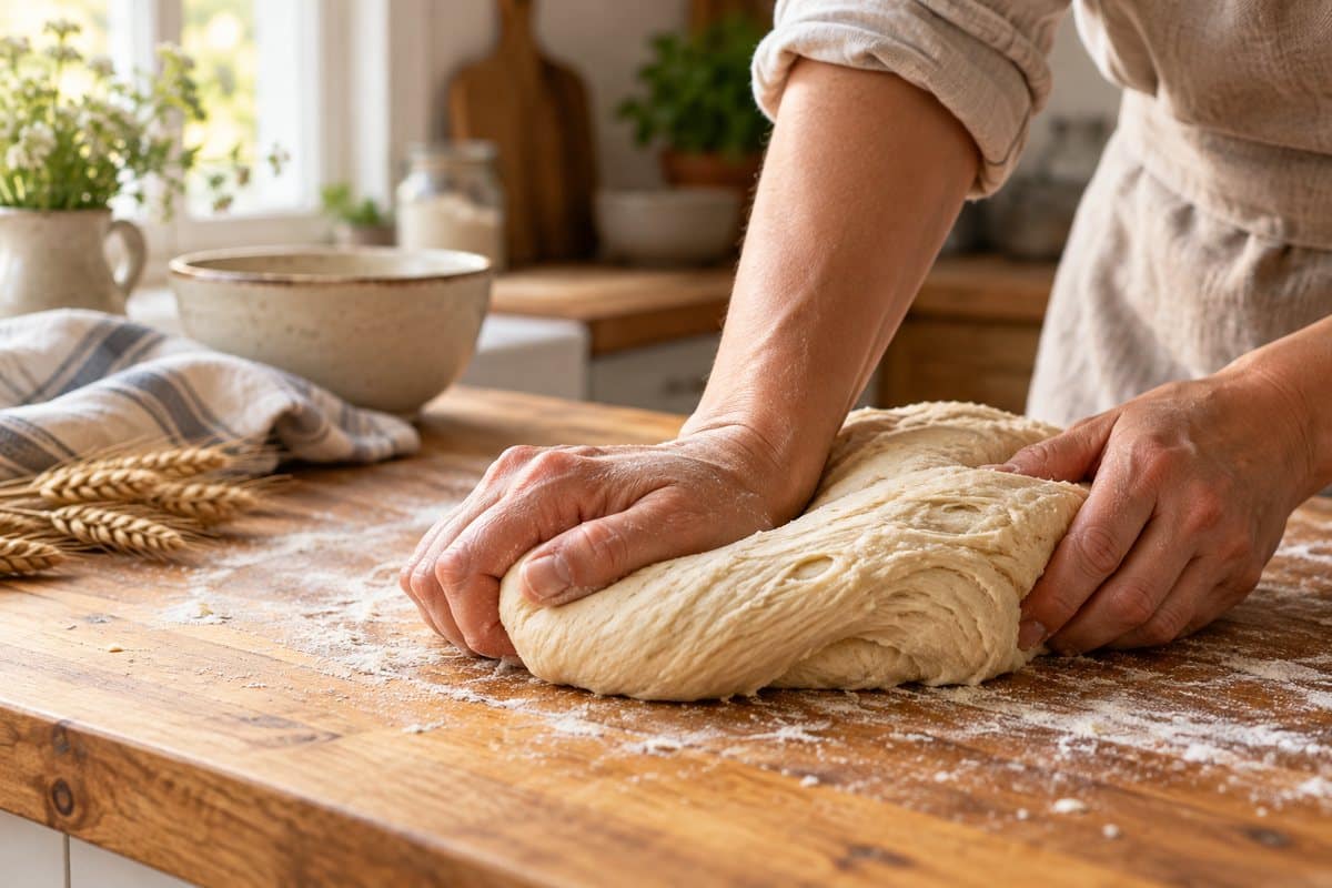 Hands kneading bread dough on a floured wooden countertop.