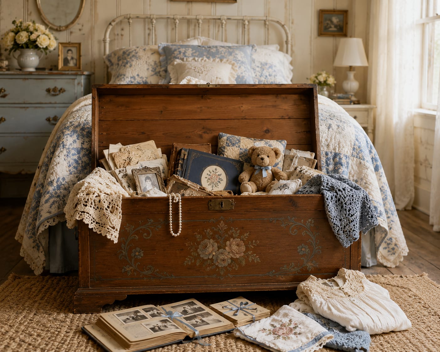 a hope chest, with all of it's handmade contents displayed