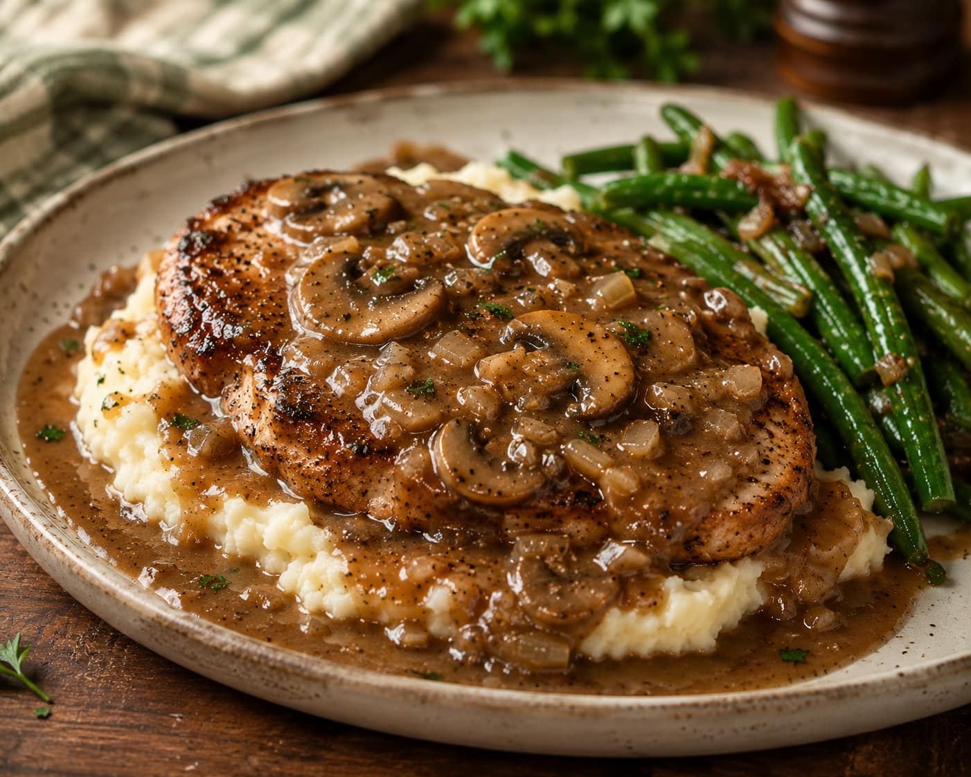 crispy pork chops with mushroom gravy on mashed potatoes