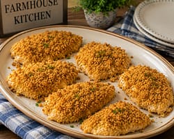 buttery ritz cracker chicken served on a platter