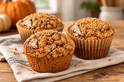 Fresh milled pumpkin streusel muffins, including one unwrapped muffin, on a farmhouse table.