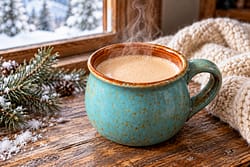 Steaming white hot chocolate in a blue pottery mug beside a snowy window