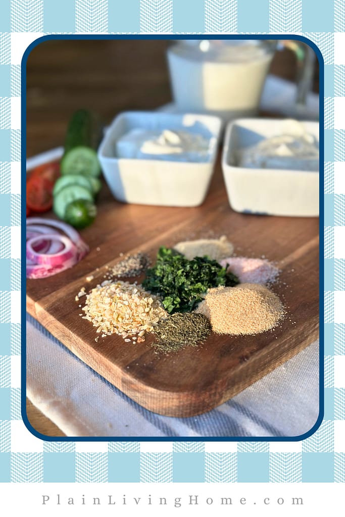 all of the ingredients laid out to make ranch dressing from scratch