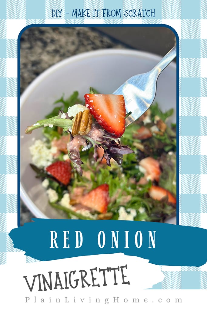 make a red onion vinaigrette from scratch for a leafy green salad with fruit and feta