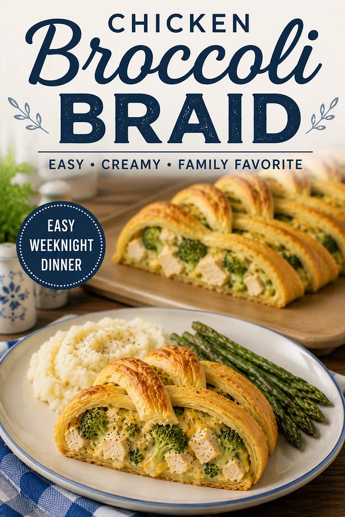 crescent rolls, stuffed with creamy chicken and broccoli filling, braided for a beautiful weeknight dinner