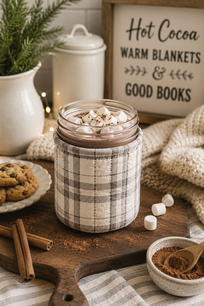 hot cocoa served in a mason jar with a cozy to keep hands form gettin too hot