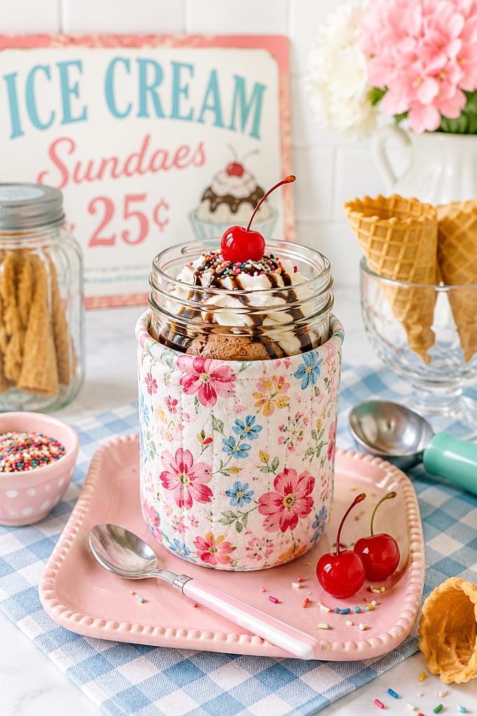 ice cream sundae in a jar cozy to keep it cold