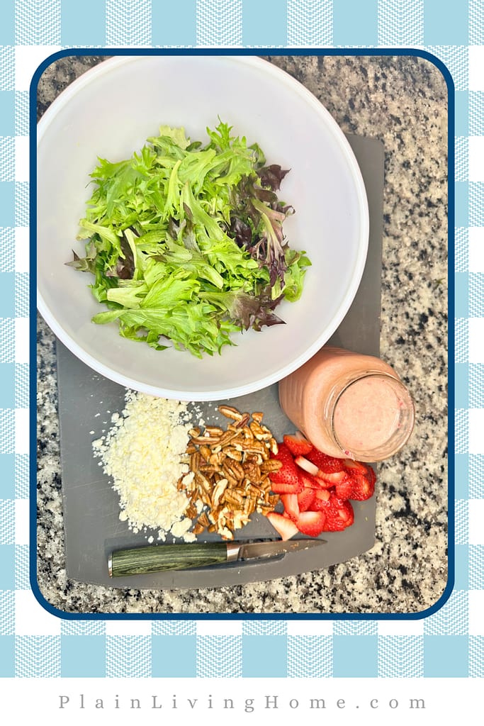 spring mix, feta cheese, vinaigrette, and pecans to make a spring salad