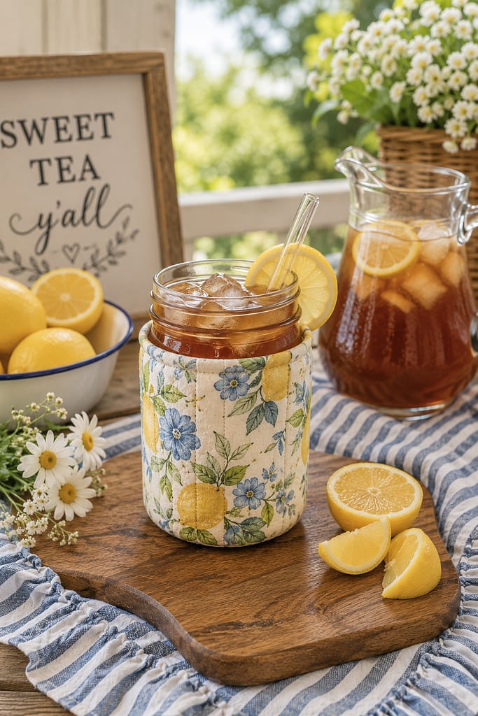 mason jar of sweet iced tea with a jar cozy