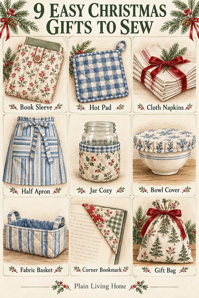 a display of 9 homemade gifts to sew for christmas, a book sleeve, a hot pad, cloth napkins, a hand apron, a jar cozy, a bowl cover, a fabric basket, a bookmark, and a drawstring gift bag
