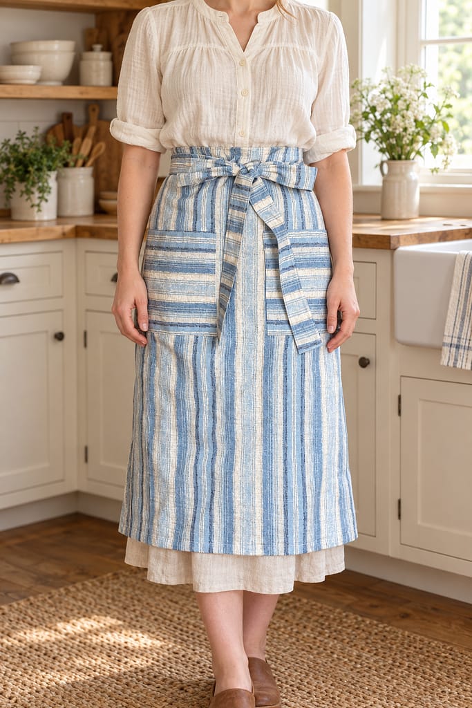 a woman standing in a kitchen with a rustic blue striped hand apron tied around here waist, which she received as a Christmas gift