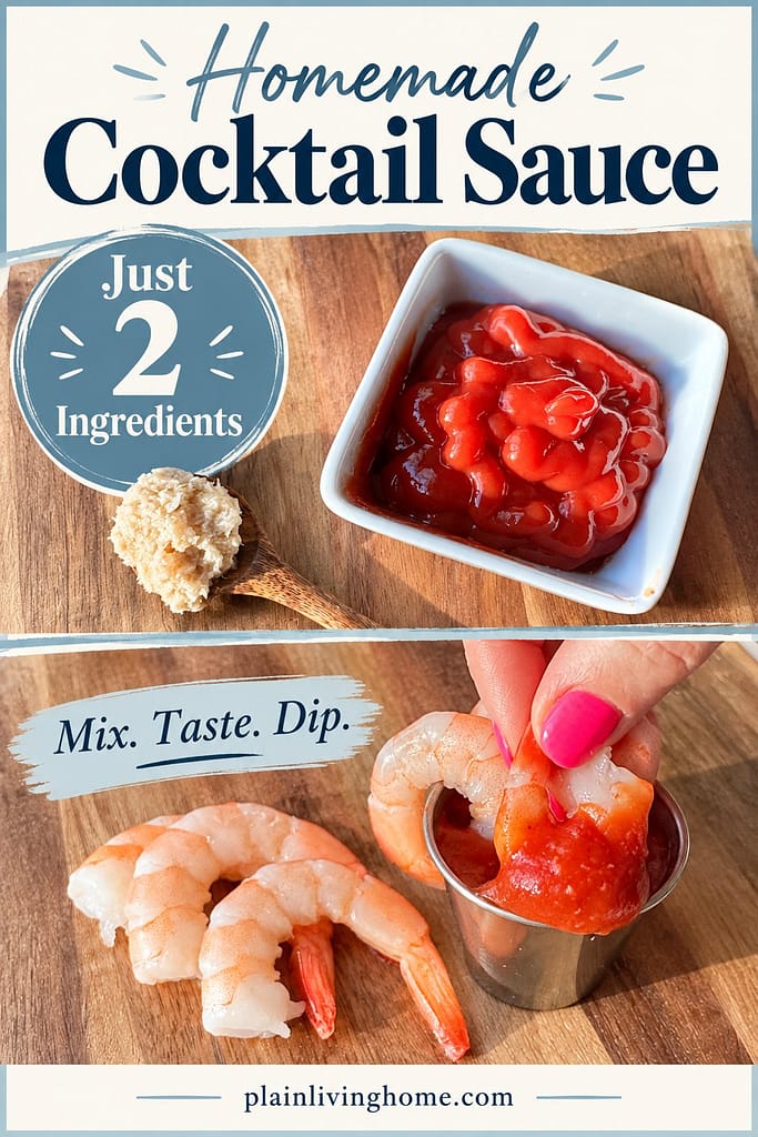 Shrimp and cocktail sauce with the headline “2-Ingredient Cocktail Sauce” and the words “Ketchup + Horseradish.”