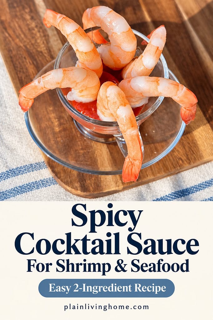 Shrimp arranged around a glass bowl of cocktail sauce on a wooden board.