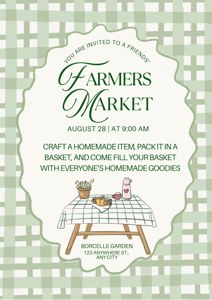 green plaid picnic themed invitation fora. farmers market party
