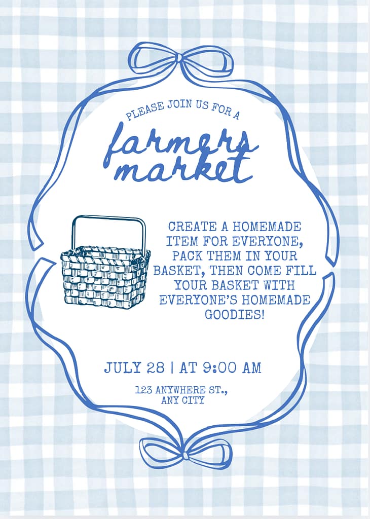 blue plaid and bows on an invitation to a farmers market party