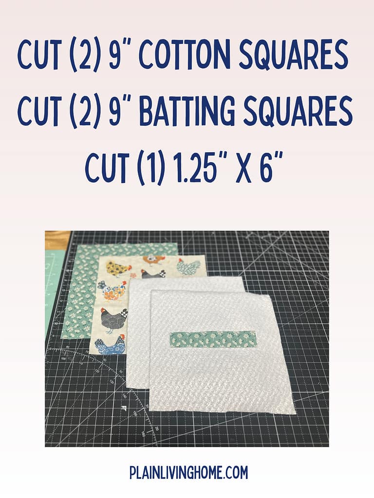 4 squares cut out of cotton fabric and insulated bright, plus a piece of cotton for a hanging loop to insert in the hot pad