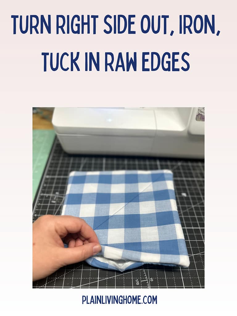 a hot pad, turned right sides out, with the opening tucked under for topstitching