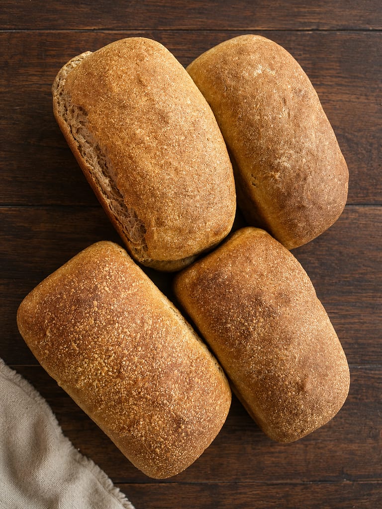 four beautiful loaves of fresh milled sandwich bread with bubbly, crackly crust