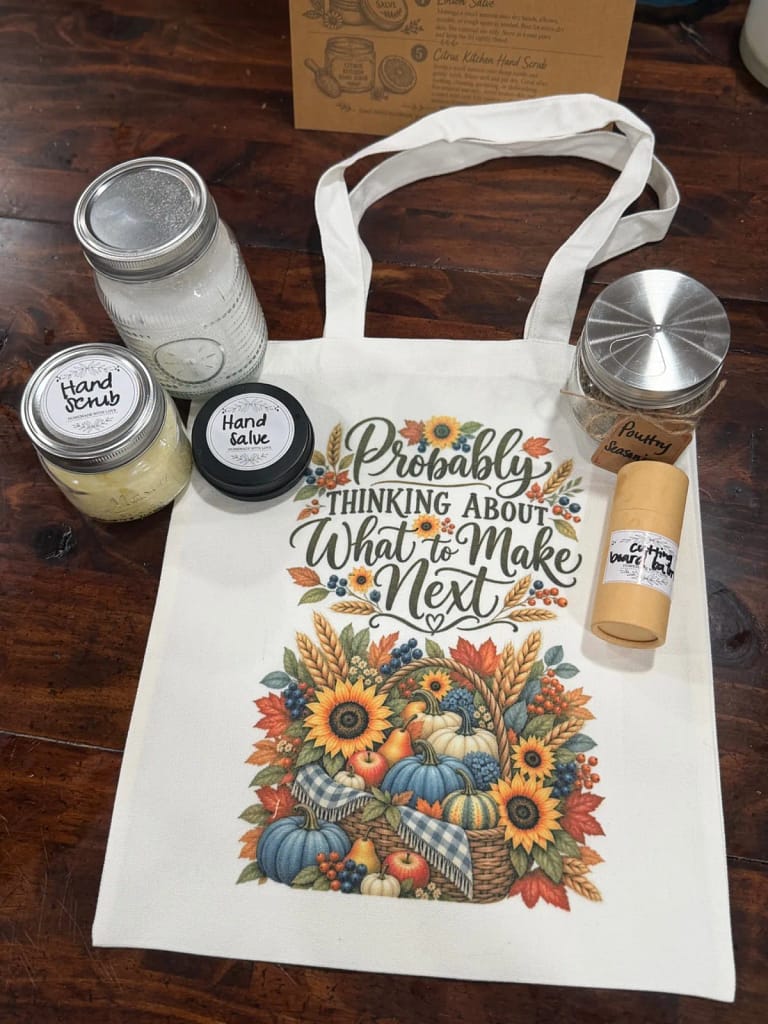 Handmade autumn gift assortment with cutting board balm and other homemade gifts