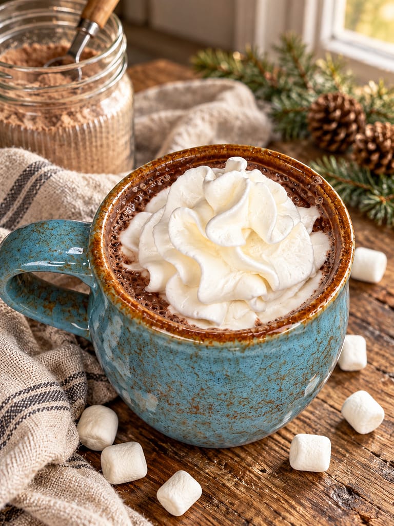 A mug of hot chocolate topped with whipped cream, with marshmallows scattered on the counter.