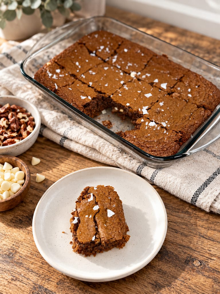 pumpkin spice blondies served on a small white plate next to bowls of white chocolate chips and pecans for a fall treat