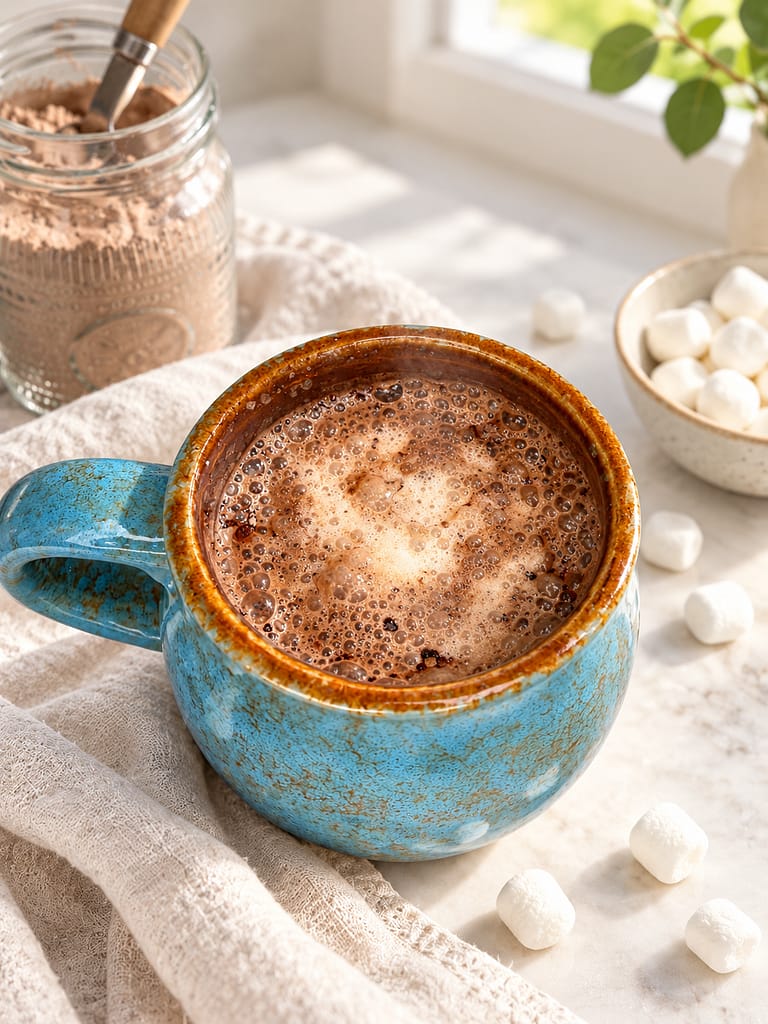 artisan blue mugfuls of frothy hot cocoa on the counter surrounded by marshmallows and a jar of homemade hot cocoa mix