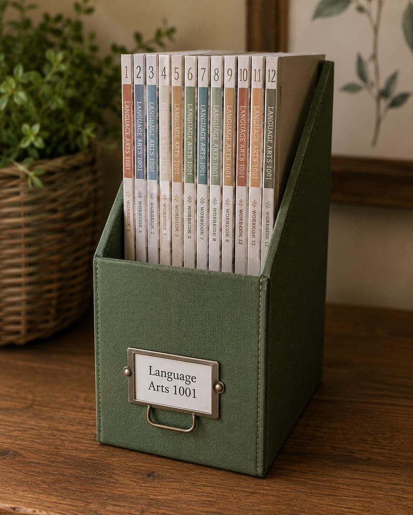 magazine box with all of the. workbooks for a single subject of homeschool