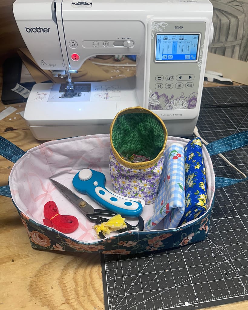 Finished handmade quilted fabric basket with handles