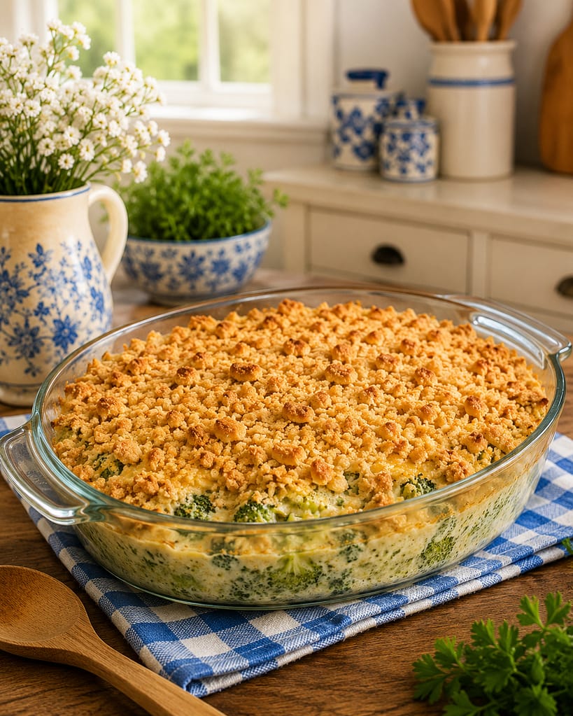 chicken broccoli casseruole served fresh in a farmhouse style kitchen